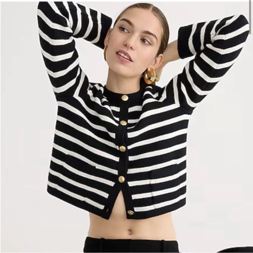 J.Crew Emilie Sweater Lady Jacket XXL Black Ivory Stripe Gold Button